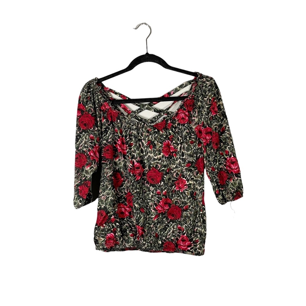 Belle Du Jour Floral Stretchy Criss Cross Strappy Back Casual Blouse Size Small - Picture 1 of 6
